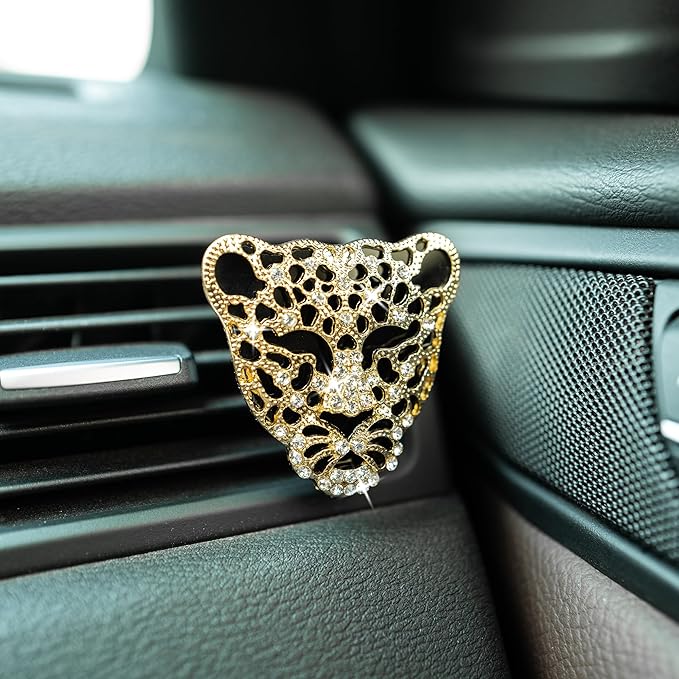 Bling Rhinestone Leopard Head Car Air Freshener Vent Clip, Sparkly Cheetah Print Auto Decoration, Refillable Essential Oil Diffuser, Cute Car Accessories for Women