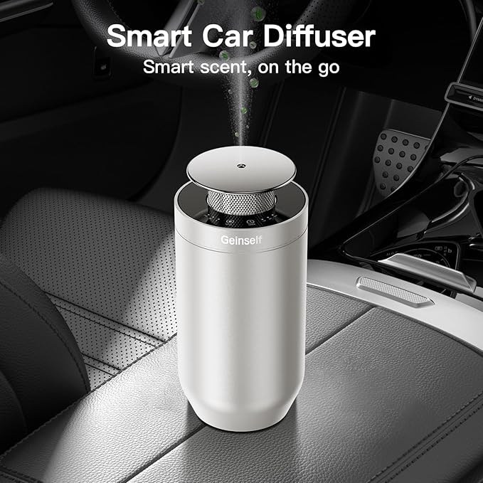 Waterless Essential Oil Diffuser Starter Kit with 4 x 10mL Fragrance Scent Oil, Smart Auto On/Off Car Diffuser Air Freshener, 1/8/24H Timer& 2 Mist Levels Scent Diffuser for Car(Sliver)
