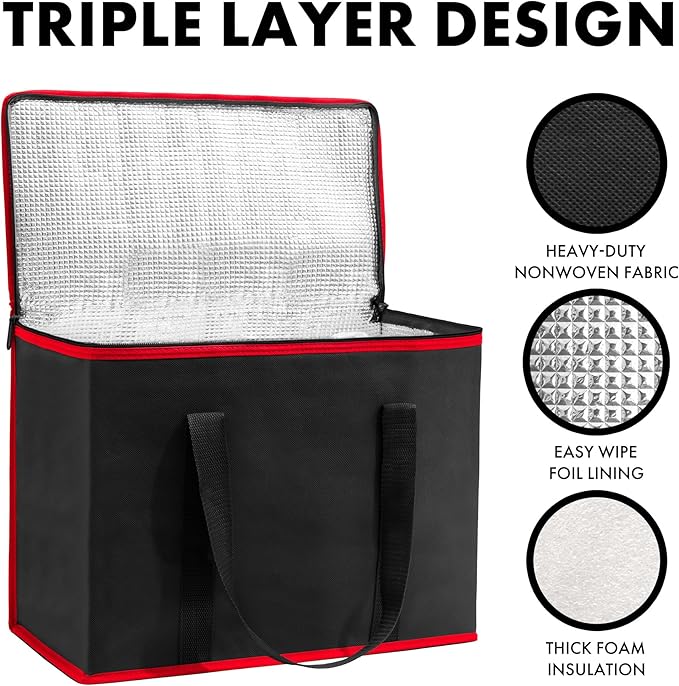 Carrywell (Not Made In China) Insulated Reusable Grocery Bags, Catering and Delivery Bag For Hot and Cold Food, Collapsible Thermal Tote For Doordash