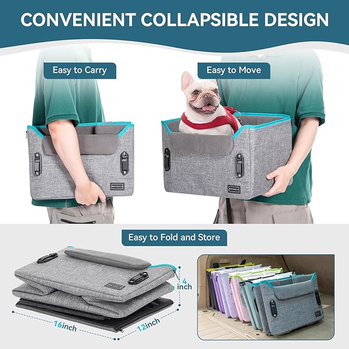 PETSFIT Dog Car Seats for Small Dogs – Patented Safety Buckles – Safety Tether – Foldable Travel Dog Booster Car Seat Reduces Anxiety & Road Trips – Stable Frame, Soft Cushion, Fits Front/Back Seat
