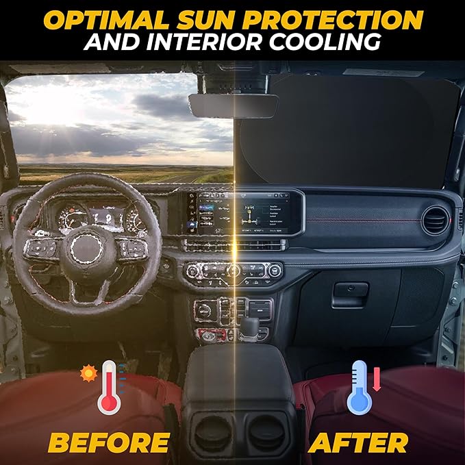 Jeep Windshield Sun Shade - 240T Thickened Material, X-Small (60" x 21"), Windshield Sun Visor Keeps Car Interior Cool, UV Heat and Dashboard Protects, fits with Wrangler, Gladiator and Rubicon
