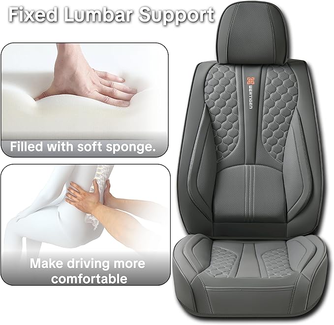 Car Seat Cover Set, Gray Automotive Interior Accessories, with Lumbar Support, Premium Nappa Leather, Waterproof, Non-Slip, Easy Installation, Universal Fit, Airbag Compatible