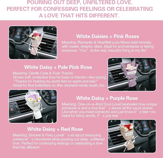 Cute Car Air Freshener Vent Clips - Flower Vent Clips with Magnetic Mini Dried Flower Bouquet, Dashboard Decor for Women, Car Decorations Interior & Wedding Gifts (purple, 5.9 inches)