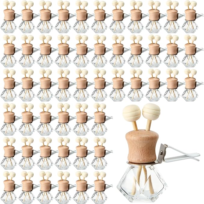 Zubebe 60 Pack 8 ml Diamond Essential Oil Diffuser Bottle Bulk Car Air Freshener Vent Clip Auto Perfume Vent Diffuser for Aromatherapy Fragrance Ornament Decor, Glass Bottle with Wooden Caps Stick