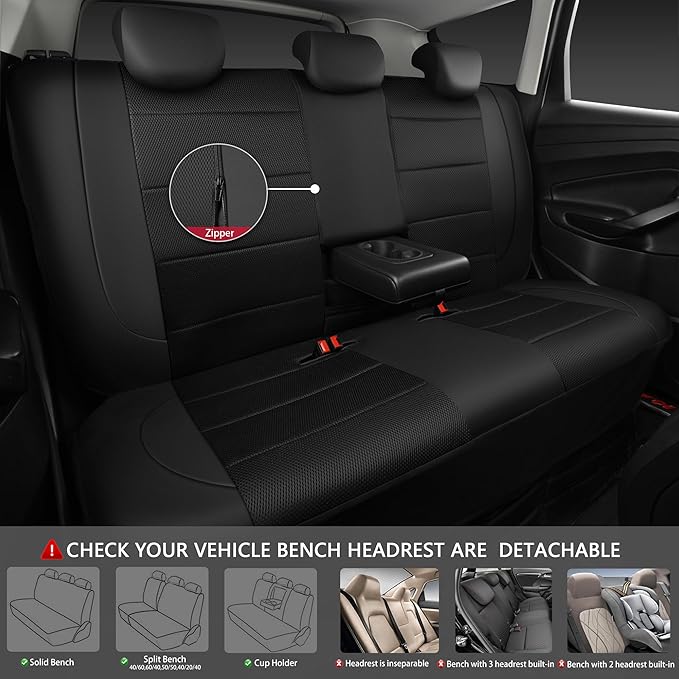 CAR PASS Leather and 3D Air Mesh Universal Fit Car Seat Covers, for Sedans,Trucks,Suvs,Airbag Compatible,Zipper Design and Reserved Opening Holes for Headrest(Full Set, Black and Black)