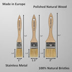 Set of 3 1, 1.5, 2 Inch Flat Paint Brushes - High European Quality - Natural Bristles - for Home, Wood, Walls, Art, Trim & Furniture - for Acrylic, Oil, Stain, Chalk & Latex Paints