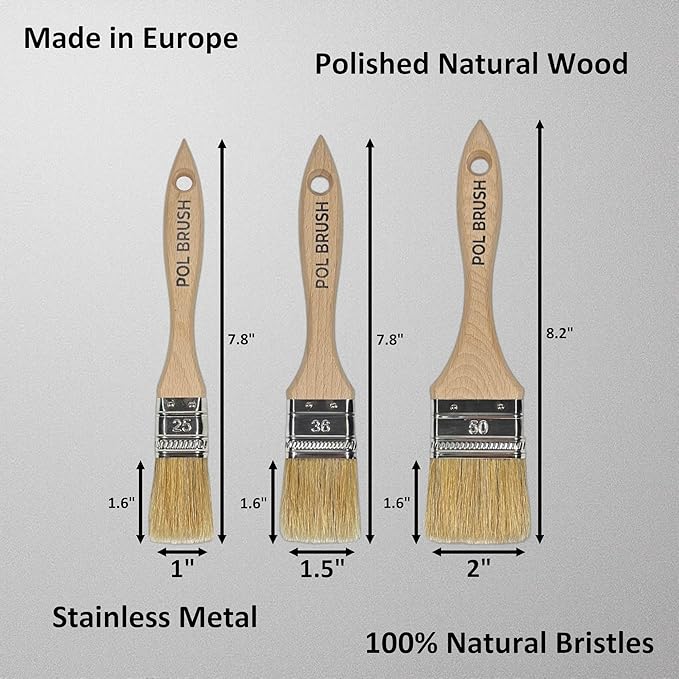 Set of 3 1, 1.5, 2 Inch Flat Paint Brushes - High European Quality - Natural Bristles - for Home, Wood, Walls, Art, Trim & Furniture - for Acrylic, Oil, Stain, Chalk & Latex Paints