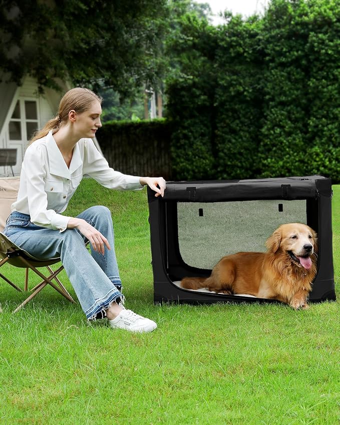 24" L x 17" W x 17" H Collapsible Travel Dog Crate, Portable Soft Dog Kennel for Small Medium Pets up to 30 lbs, 4-Door Foldable Travel Crate with Durable Mesh & Storage Bag, Black