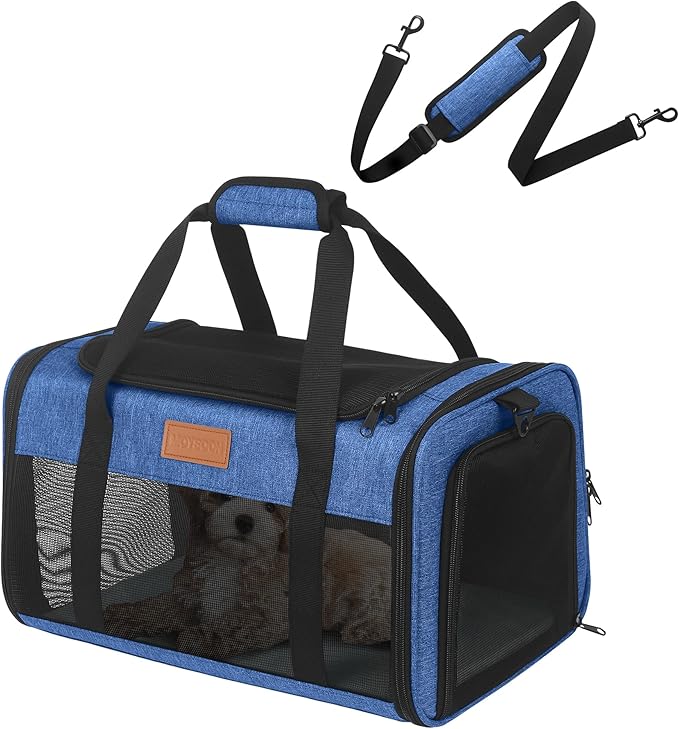 Pet Carrier Airline Approved 17x11x9.5 in - Underseat, Top & Side Entry Soft Dog Cat Travel Carrier with Safety Zippers ＆ Anti-Scratch Mesh for Small Cat and Dog for Pets Up to 10 Lb - Blue