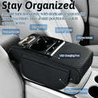 Car Armrest Box Mat - Multi-Functional Black Leather Center Console Cover Waterproof Height Enhancement Cushion with Storage Box Cup Tissue Phone Holder Card Pocket for Car Interior Accessory