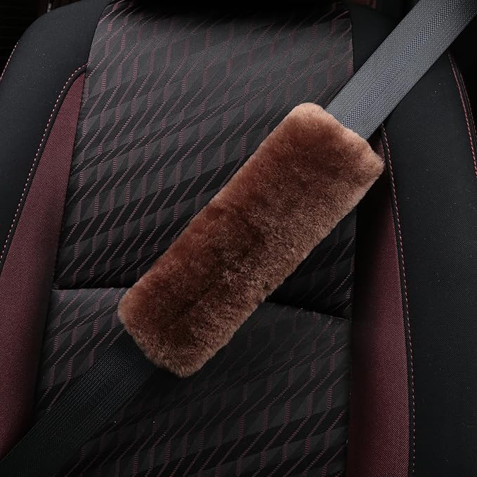 Soft & Cozy Australian Sheepskin Car Seat Belt Covers,2 Pack Fluffy Seatbelt Pads, Genunie Sheepskin Fur Shoulder Straps Cushions for Adults Kids Women and Men (Chocolate)