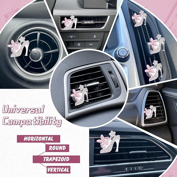 x xotic tech 4Pcs Bling Air Vent Fresh Clips Rhinestone Car Fresheners Air Outlet Decor Car Interior Crystal Charm Accessories Valentine's Day Gifts for Her Girlfirend Women (Pink High Heel Shoes)