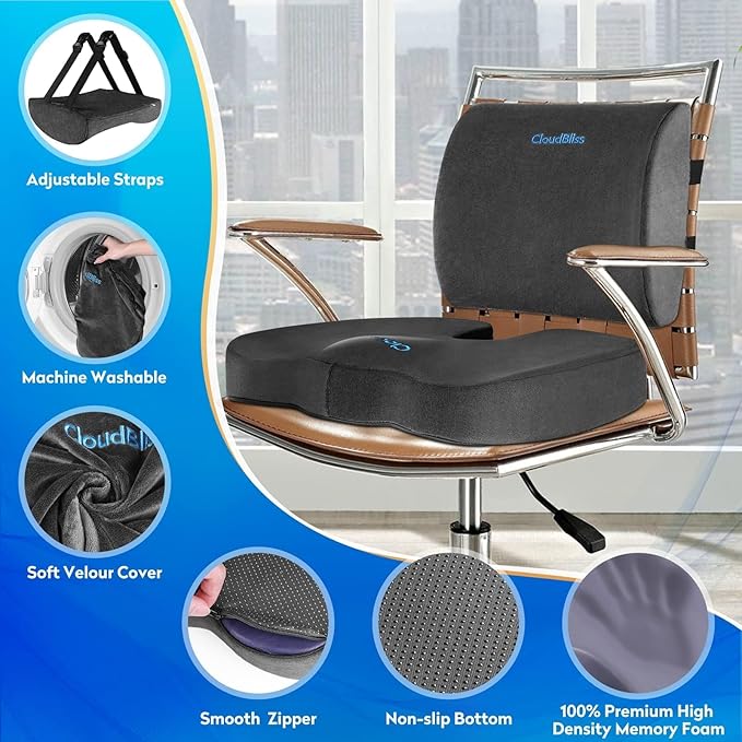 CloudBliss Seat Cushion,Office Chair Cushions,Car Seat Cushion,Lumbar Support Pillow for Office Chair,Back Support Memory Foam Pillow Coccyx Cushion for Tailbone Pain,Sciatica & Back Pain Relief -Grey