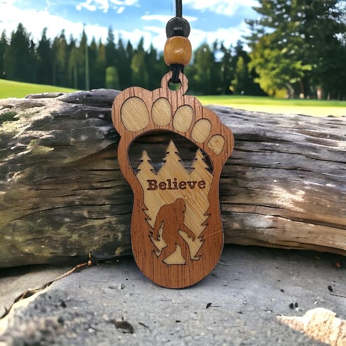 Personalized Car Air Freshener, Wood Diffuser and Fragrance Oil Set, Custom Message, Rearview Mirror Charm, Bigfoot Believe, Sasquatch, Auto Accessory for Men or Women (Orange Citrus)