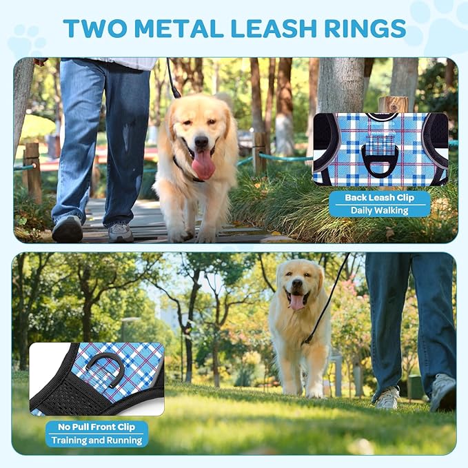FURRYFECTION Plaid Dog Harness for Medium Dogs, Reflective No Pull Adjustable Pet Vest with Front Clip, Leash, Easy Control Handle and Seat Belt, Blue&White, M