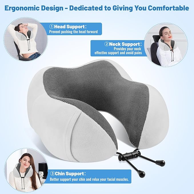 CloudBliss Travel Pillow Premium Memory Foam, Comfortable & Supportive Neck Pillow, Neck Pillows for Sleeping Travel, Airplane Pillow for Sleeping Airplane, Car, Office and Home（Black & Light Grey）