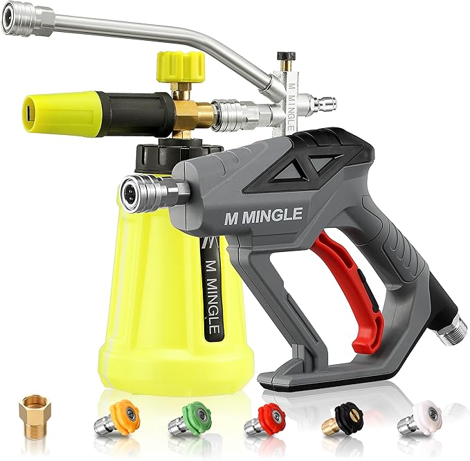 M MINGLE High Pressure Washer Gun with Foam Cannon, Foam Cannon Dual Connector Accessory, Car Wash Foam Gun Kit 1/4 Inch Quick Connector, 5 Pressure Washer Nozzle Tips