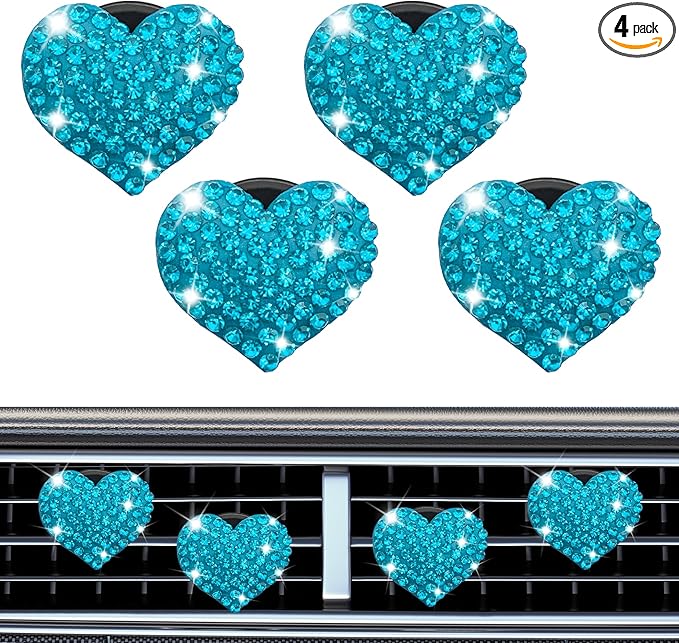 4PCS Heart-Shaped Car Vent Clip with Rhinestone, Vent Clip Car Accessories, Sparkly Rhinestone Bling Diamond Freshener Holder, Air Conditioning Outlet Ornament for Women Girls (Blue, Style1)