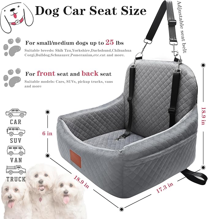 Small Dog Car Seat for Small Dogs Under 30 lbs, Memory Foam Pet Car Seat with Washable Cover, Safety Belts & Side Storage Pockets, Portable Travel Bed for SUV/Sedan (Grey)