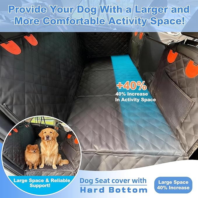 Hard Bottom Car Seat Cover for Dogs - 40% More Activity Space, Functions as Hammock and Flat Platform, Waterproof & Odorless, Non-Slip for Large Dogs, Fits Most Cars, Trucks, SUVs
