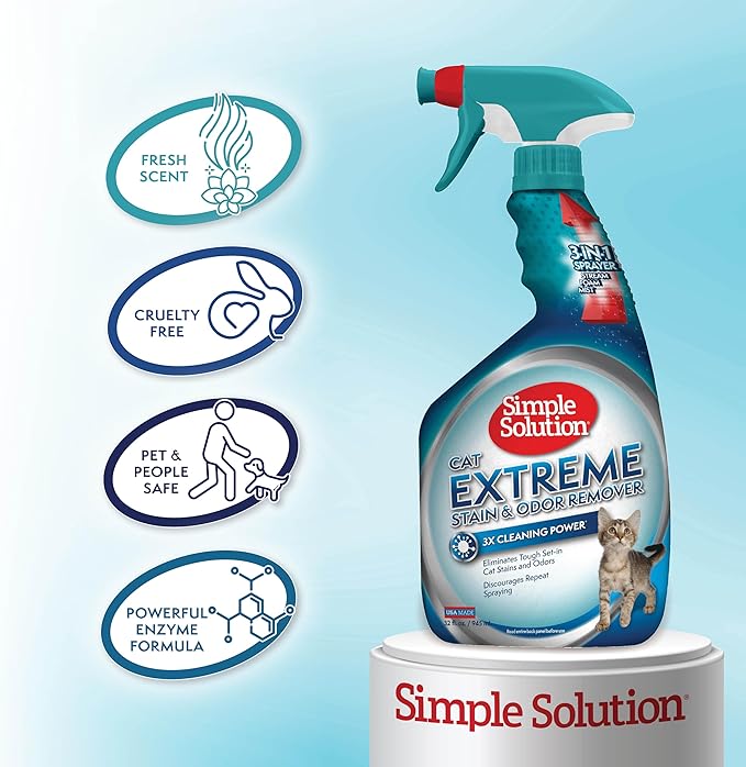 Simple Solution Extreme Cat Stain and Odor Eliminator Spray for Cats, Enzyme Cleaner With 3X Pro-Bacteria Cleaning Power, Strong Cat Urine Pee Smell Remover for Carpets & Floors, 32 oz (Pack of 2)