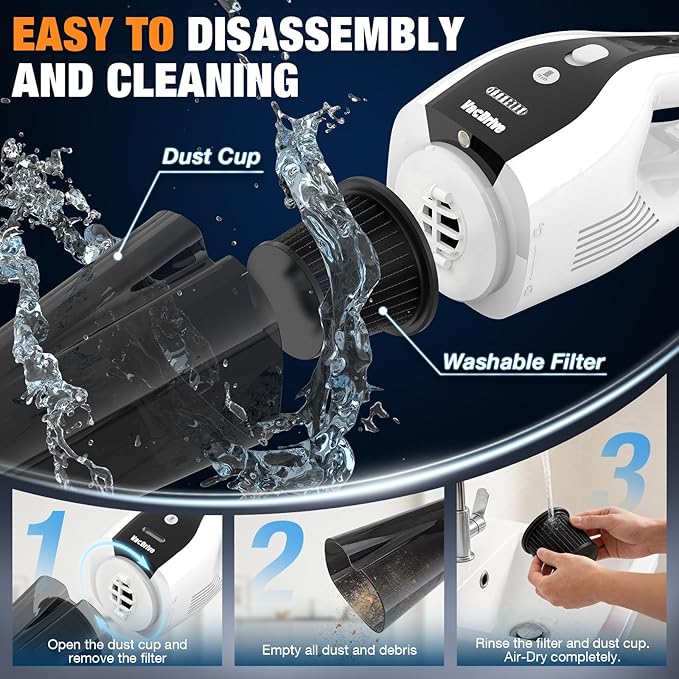 Handheld Vacuum Cordless, Ultra-Strong Suction Car Vacuum Portable Cordless, Rechargeable Hand Held Car Vacuum Cleaner High Power with Brushless Motor&Washable Filter for Car, Home, Pets, White&Black