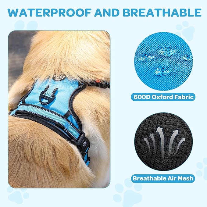 FURRYFECTION Plaid Dog Harness for Medium Dogs, Reflective No Pull Adjustable Pet Vest with Front Clip, Leash, Easy Control Handle and Seat Belt, Blue, M