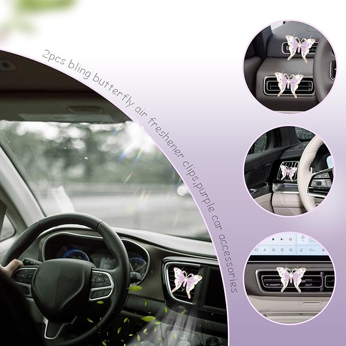 Butterfly Car Accessories,2pcs Cute Purple Butterflies Car Air Freshener Vent Clips,Bling Rhinestone Butterfly Air Vent Clips,Girly Interior Accessories for Women,Refillable Diffusers