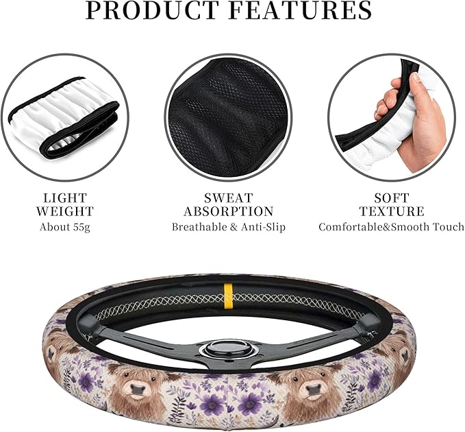 Highland Cow Print Steering Wheel Cover Car Accessories for Men Women with 2 Air Freshener, 15 Inch Anti-Slip Steering Wheel Covers Universal Fit