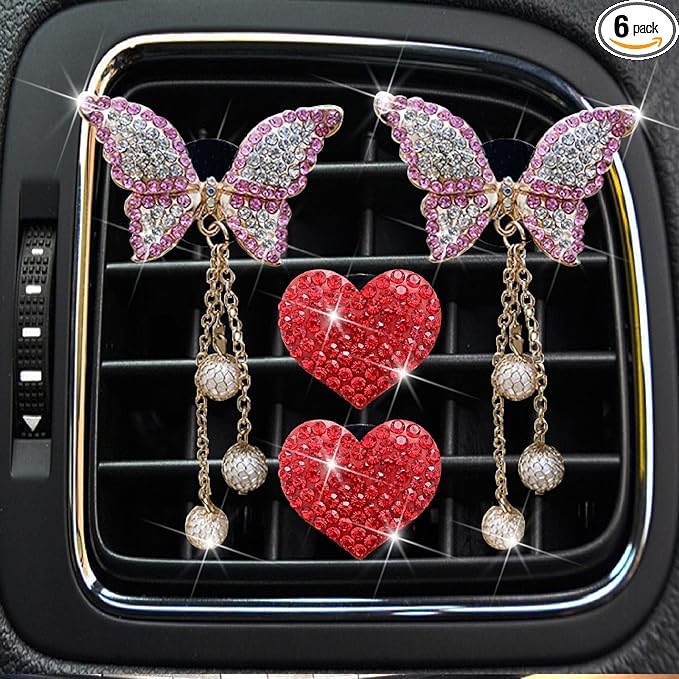 4 Pcs Pink Bling Butterfly and Heart Car Air Fresheners Vent Clips Diffuser Vent Clip Rhinestone Diamond Decoration Car Interior Decor Cute Accessories for Women, Automotive Air Fresheners (Red, 2)