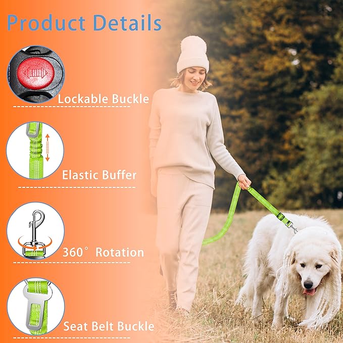 Dog Car Seat Belt - 3 Piece Set Retractable Dog Harness with Adjustable Reflective Seatbelt for Vehicle Headrests - Heavy Duty & High Elastics - Green