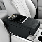 Car Armrest Box Mat - Multi-Functional Black Leather Center Console Cover Waterproof Height Enhancement Cushion with Storage Box Cup Tissue Phone Holder Card Pocket for Car Interior Accessory