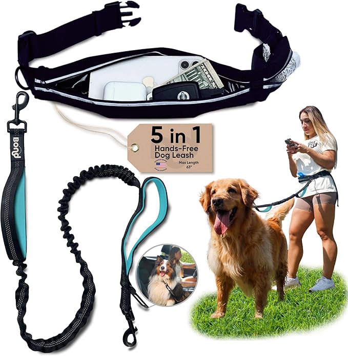Bond - Blue Dog Running Leash Hands Free with Pouch, Hands Free Leash for Large Dogs, Pet Lead Running Belt for Walking & Canicross Belt, Includes Waist Jogging Fanny Pack & Pet Car Seat Belt Safety