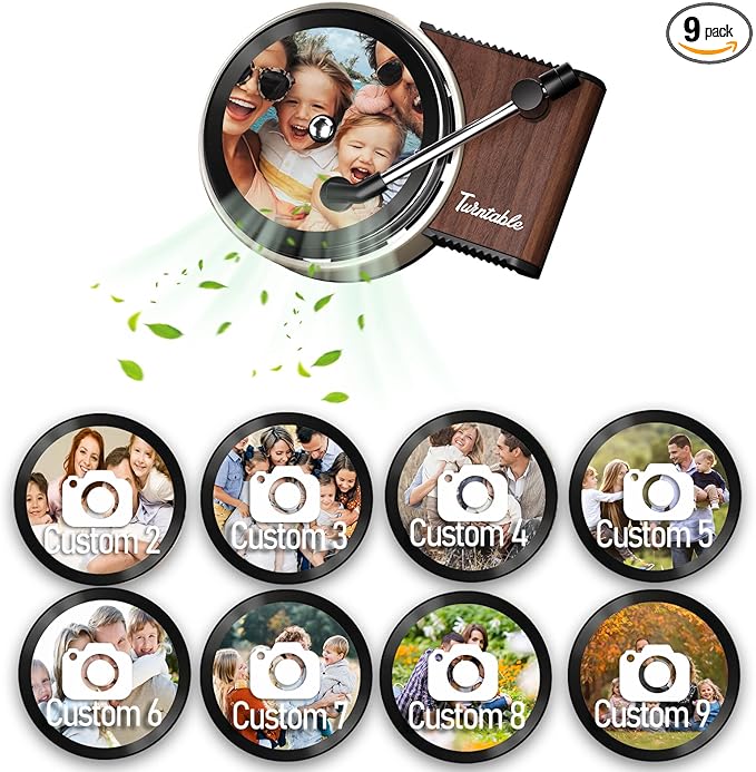 WOCOCN Customized Photo Car Air Freshener, Double-Sided Record Player Design, Unique Turntable Vinyl Shape,Meaning Gifts for Dad, Mom, Friends, Colleagues（9pcs） (Black)