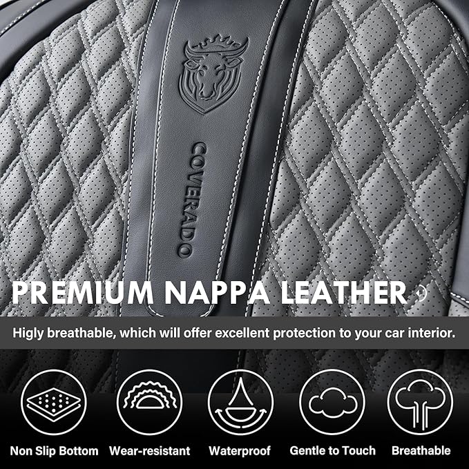 Coverado Leather Seat Covers for Car, Waterproof Front Car Seat Covers with Lumbar Support Universal Fit for Most Sedans SUV Pick-up Truck(Black&Gray)
