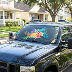 63"x28.5" Car Windshield Sun Shade with Storage Pouch, Stylish Printed Front Window Sunshade with Double Ring Frame, Universal Fit Foldable Heat Blocker & UV Protector for SUV, Sedan (Good Vibes)