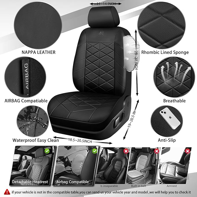 CAR PASS Leather Seat Covers Memory Foam, Waterproof Faux Leather Car Seat Covers Front Seats, Universal Fit for Cars, SUV, Trucks, Luxury Comfort Breathable, Thick 3D Foam Faux Leather All Black