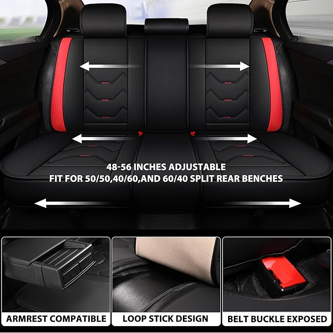 otoez Car Seat Covers Full Set, 5 Seats Leather Seat Cover for Car, Black Automotive Front and Back Seat Cushion Protector Waterproof and Non-Slip for Most Sedens Trucks SUVs, Black & Red
