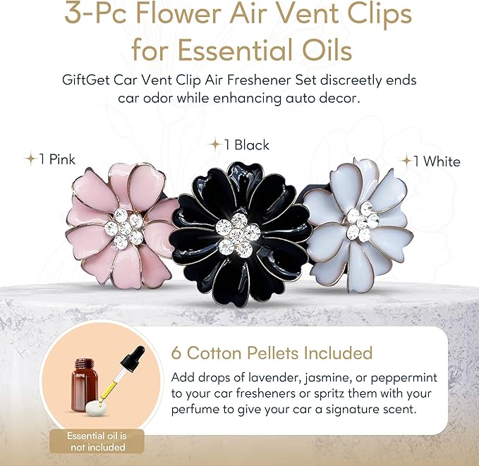 Cute Car Air Fresheners Vent Diffuser, 3-Pc Flower Air Vent Clips for Essential Oils, New Car Gifts for Teens and Women, Commuter Gifts, Gift Boxed