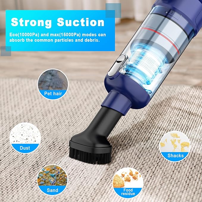 Handheld Vacuum Cordless - Car Vacuum Cleaner with Brushless Motor, 15kPa Powerful Suction Vacuum with LED Light, Type C Port, 2 Fliters, Portable Hand Vacuum for Home, Pet and Car