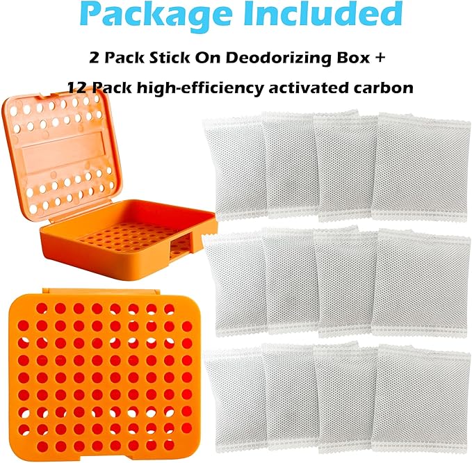 2 Pack Stick On Deodorizing Box, 12 Pack Odor Removing Refills for Trash Can, Activated Charcoal Odor Eliminator for Indoor Kitchen Trash/Diaper Pails/Wardrobe/Shoe Cabinet (Orange)