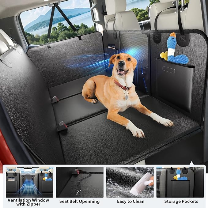 Back Seat Extender for Dogs Truck-Large Space, Dog Pet Seat Cover Back Seat Hard Bottom 500lb, Anti-scratch Dog Hammock for Crew Cab Trucks F150, RAM1500, Sierra, Tundra, Silverado, All Black