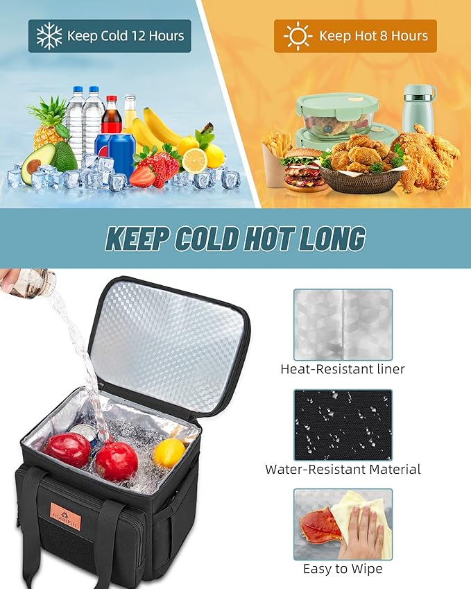 HSHRISH Lunch Box for men, Large Expandable Insulated Lunch Bag, Durable Waterproof Leakproof Tactical Cooler Bag for Adults Men to Work Picnic Beach Day Trips, 24 Cans/16 L, Black