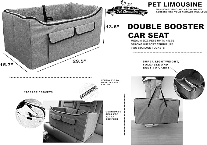 Pet Booster Car Seat for Large Pet or Two Small Pets with 2 Safe Secure Leash Seat Belts and Elevated View Easy Fold Up for Compact Storage