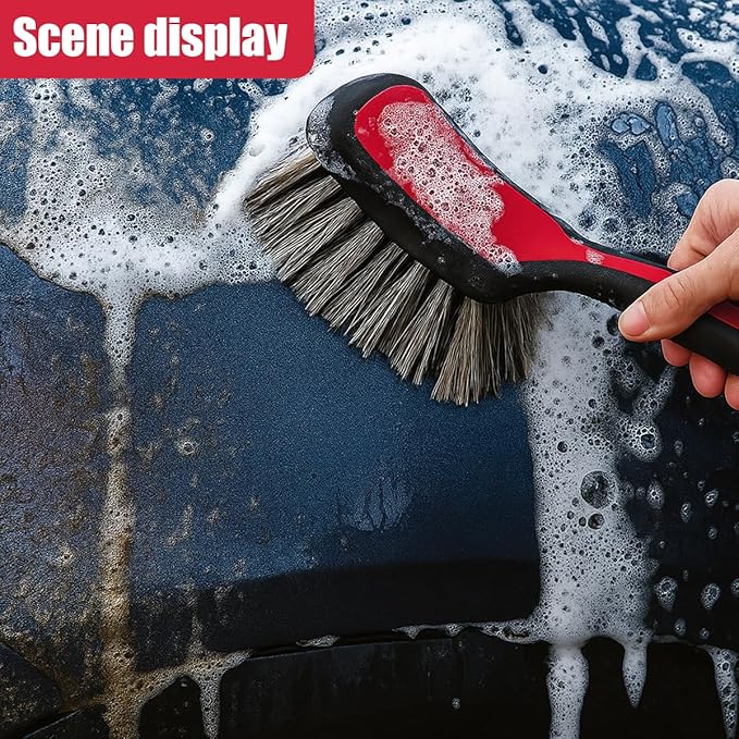 Tire & Wheel Brush for Car Rims - Short Handle Stiff Bristle Auto Detailing Scrub Brush | No Scratch Car Wash Brush Cleaning Tool for Tires, Wheels, Rims, Floor Mats, Carpet, Cars, Home (Red)