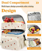 Insulated Lunch Bag for Men & Women, Double Leakproof Lunch Box Soft Cooler Tote with 5 Pockets, 600D Oxford, EVA Lining, Adjustable Strap for Work, Picnic- Corduroy Cue Strawberry