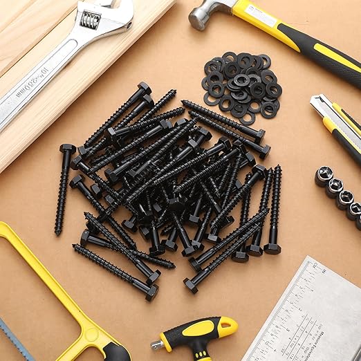 Tandefio 50 Pack 3/8''x 4'' Ceramic Black Lag Screw Kit with Washers Hex Lag Bolts Wood Screws Heavy Duty Ruspert Coating Hot Dip Galvanized Double Layer for Wood Decks Fences