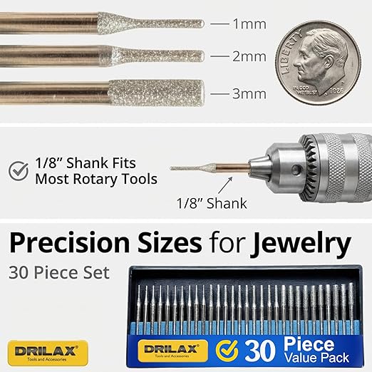 Drilax Diamond Drill Bits for Stone and Glass – 30 Pc Set (1mm, 2mm, 3mm) 1/8 Shank for Dremel & Rotary Tools – Jewelry Making, Gemstone, Sea Glass and Lapidary Drill Bits Kit