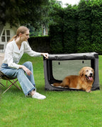 24" L x 17" W x 17" H Collapsible Travel Dog Crate, Portable Soft Dog Kennel for Small Medium Pets up to 30 lbs, 4-Door Foldable Travel Crate with Durable Mesh & Storage Bag, Grey