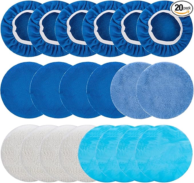 THINKWORK 20 Pcs Car Polishing Pad, Buffing Pad for 10 Inch Car Polisher, Microfiber Wax Applicator Pad for Car, Microfiber, Wool, Coral Fleece, Nonwoven Fabric